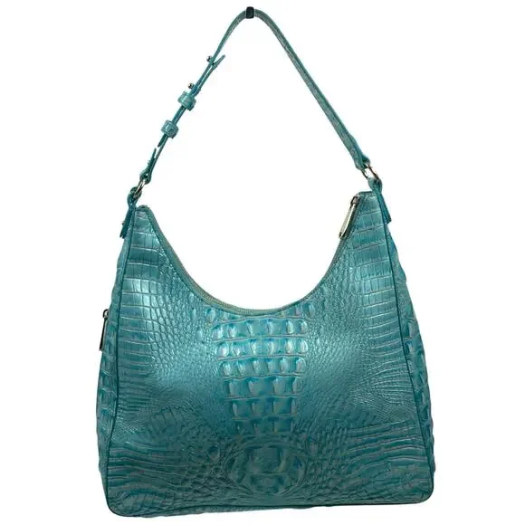 Brahmin Tabitha Melbourne Leather Shoulder Bag Aqua Blue Croc Embossed